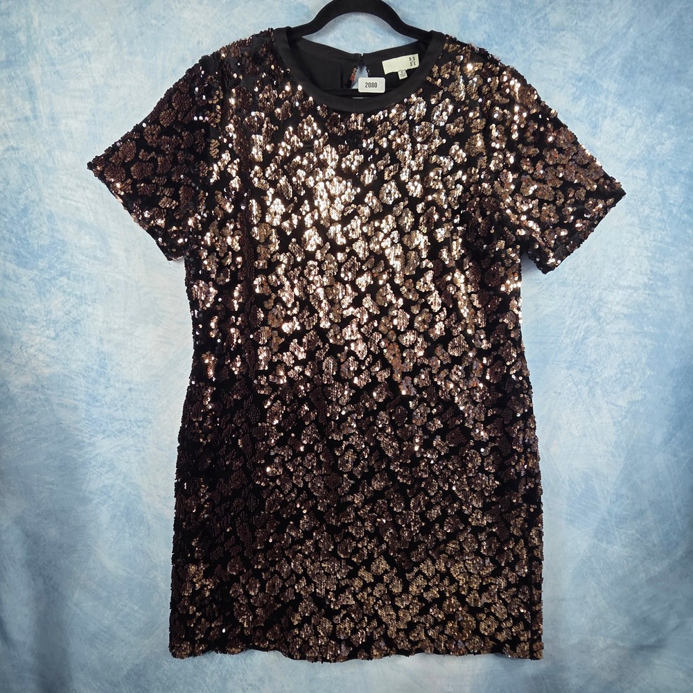 Ro & De Womens XL Bronze Black Sequin Leopard Shift Dress Short Sleev Mini Party